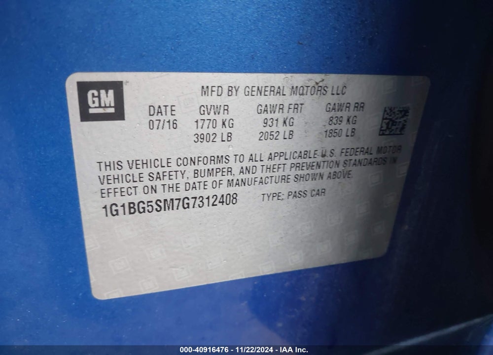 2016 CHEVROLET CRUZE VIN: 1G1BG5SM7G7312408