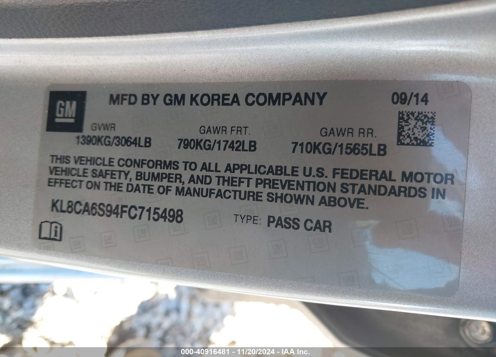 2015 CHEVROLET SPARK VIN: KL8CA6S94FC715498