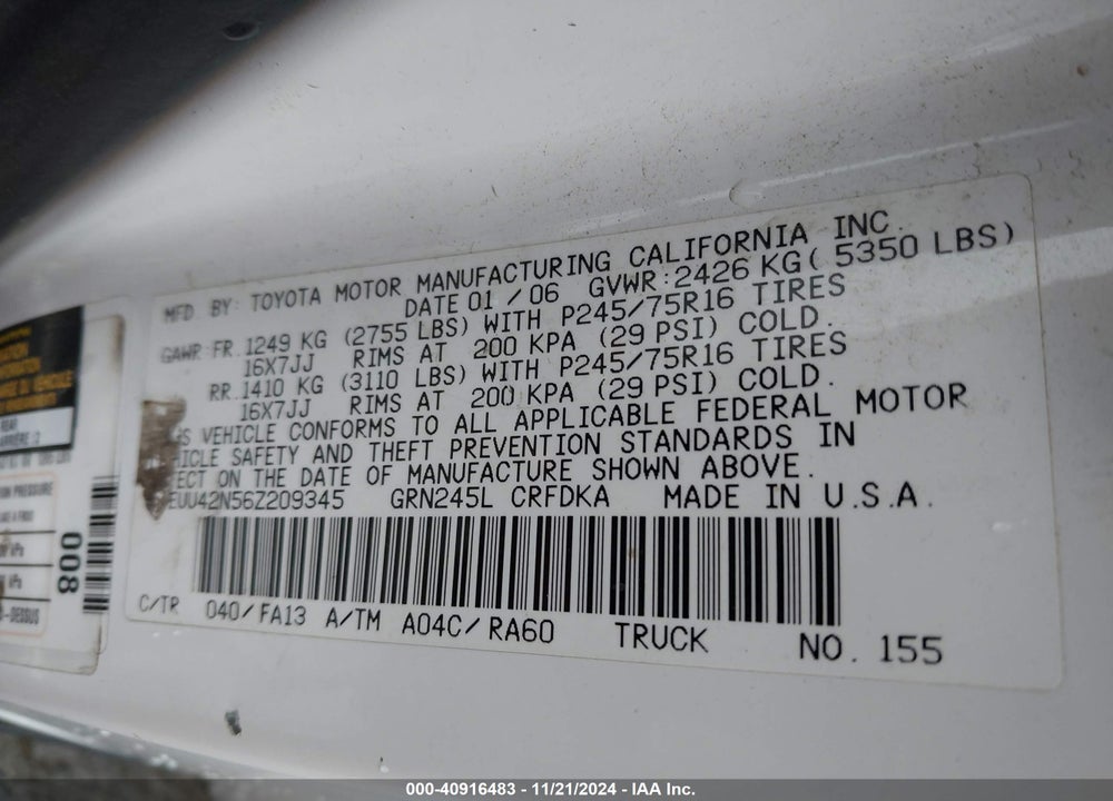 2006 TOYOTA TACOMA BASE V6 VIN: 5TEUU42N56Z209345