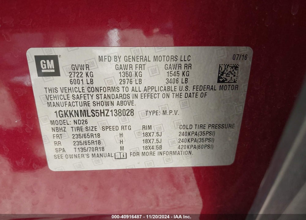 2017 GMC ACADIA SLT-1 VIN: 1GKKNMLS5HZ138028