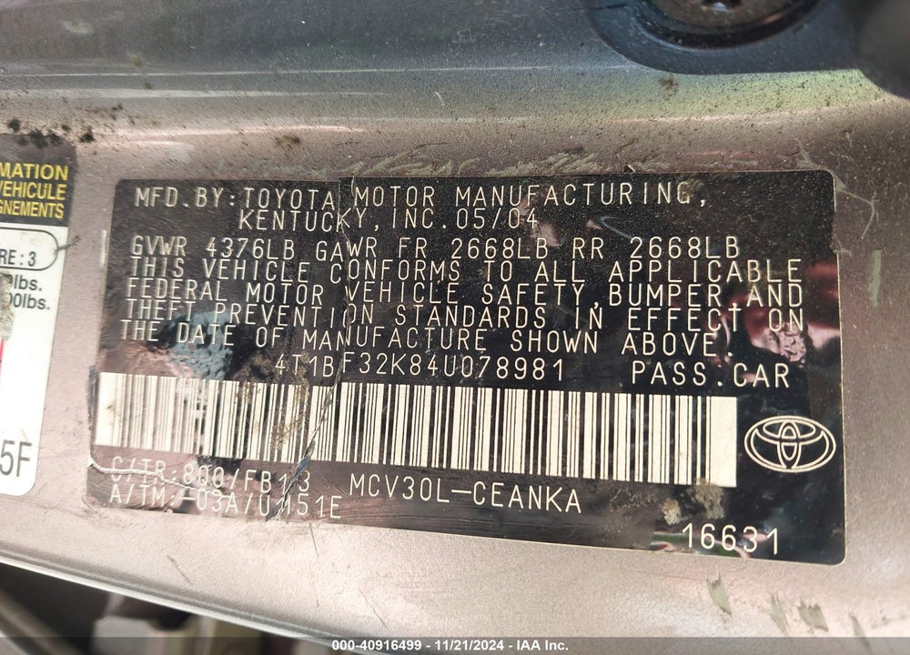 2004 TOYOTA CAMRY LE V6 VIN: 4T1BF32K84U078981