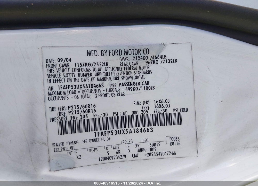 2005 FORD TAURUS SE VIN: 1FAFP53UX5A184663