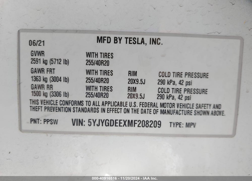 2021 TESLA MODEL Y LONG RANGE DUAL MOTOR ALL-WHEEL DRIVE VIN: 5YJYGDEEXMF208209