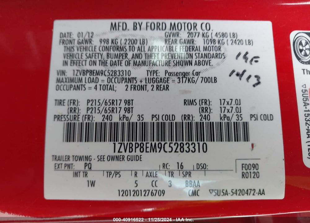 2012 FORD MUSTANG V6 VIN: 1ZVBP8EM9C5283310
