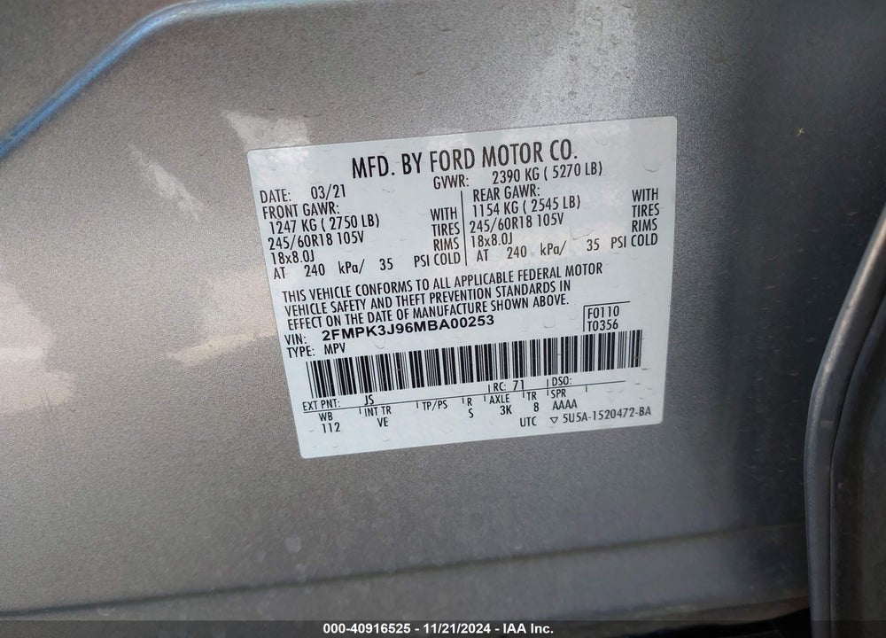 2021 FORD EDGE SEL VIN: 2FMPK3J96MBA00253