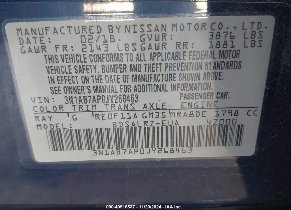 2018 NISSAN SENTRA VIN: 3N1AB7AP0JY268463