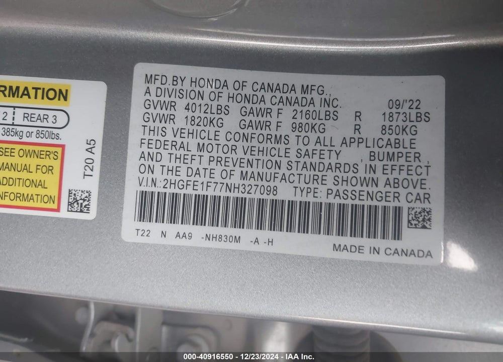 2022 HONDA CIVIC EX VIN: 2HGFE1F77NH327098