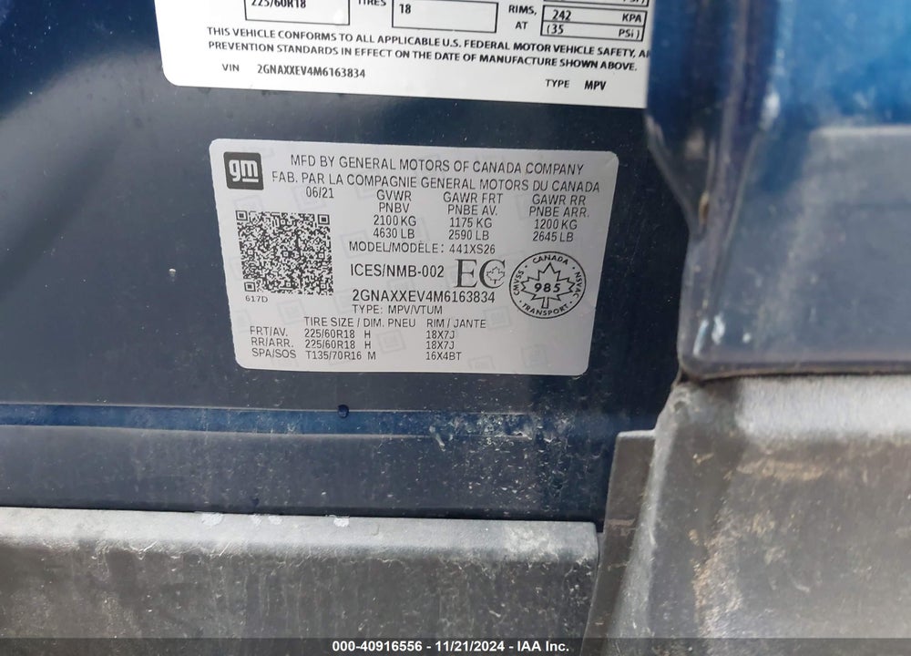 2021 CHEVROLET EQUINOX AWD PREMIER VIN: 2GNAXXEV4M6163834