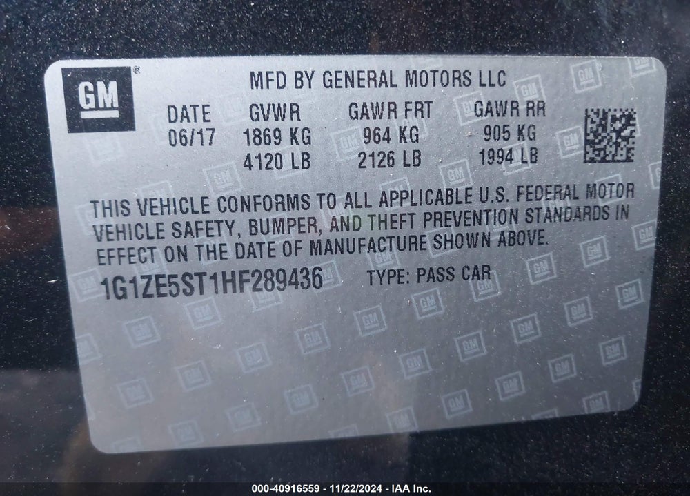 2017 CHEVROLET MALIBU VIN: 1G1ZE5ST1HF289436