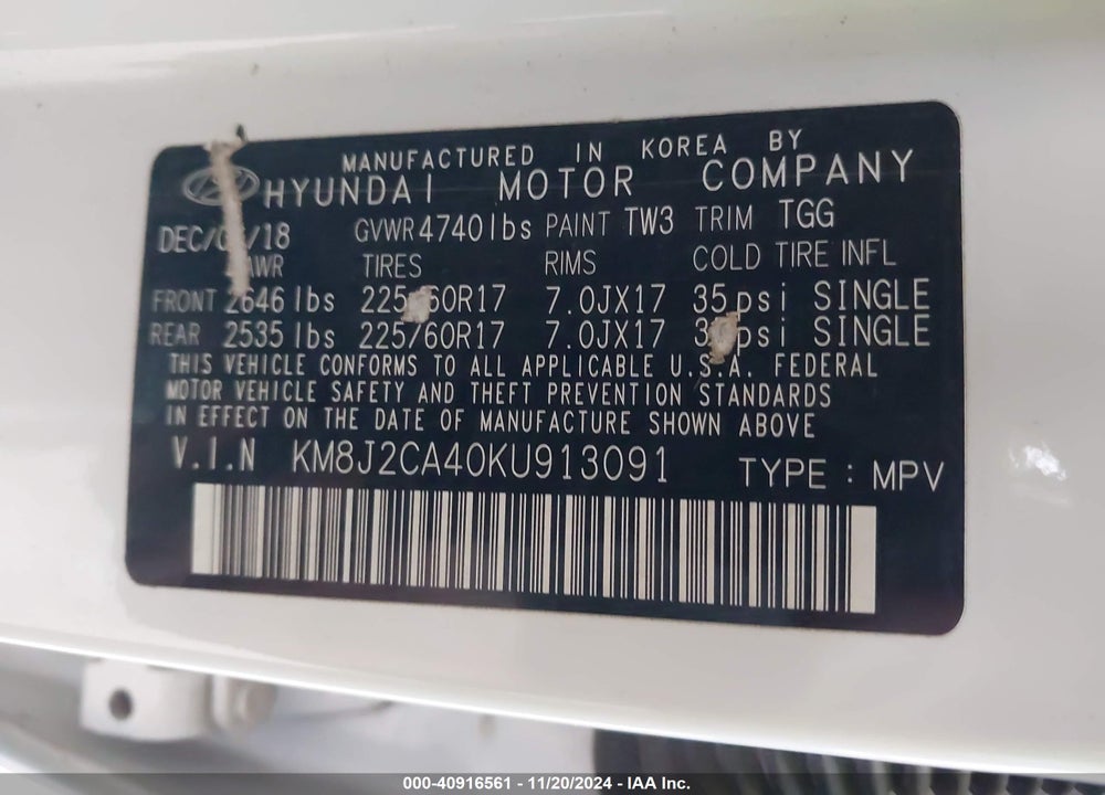 2019 HYUNDAI TUCSON SE VIN: KM8J2CA40KU913091