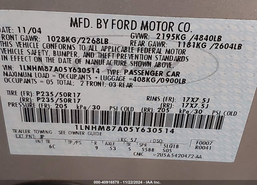 2005 LINCOLN LS V8 VIN: 1LNHM87A05Y630514