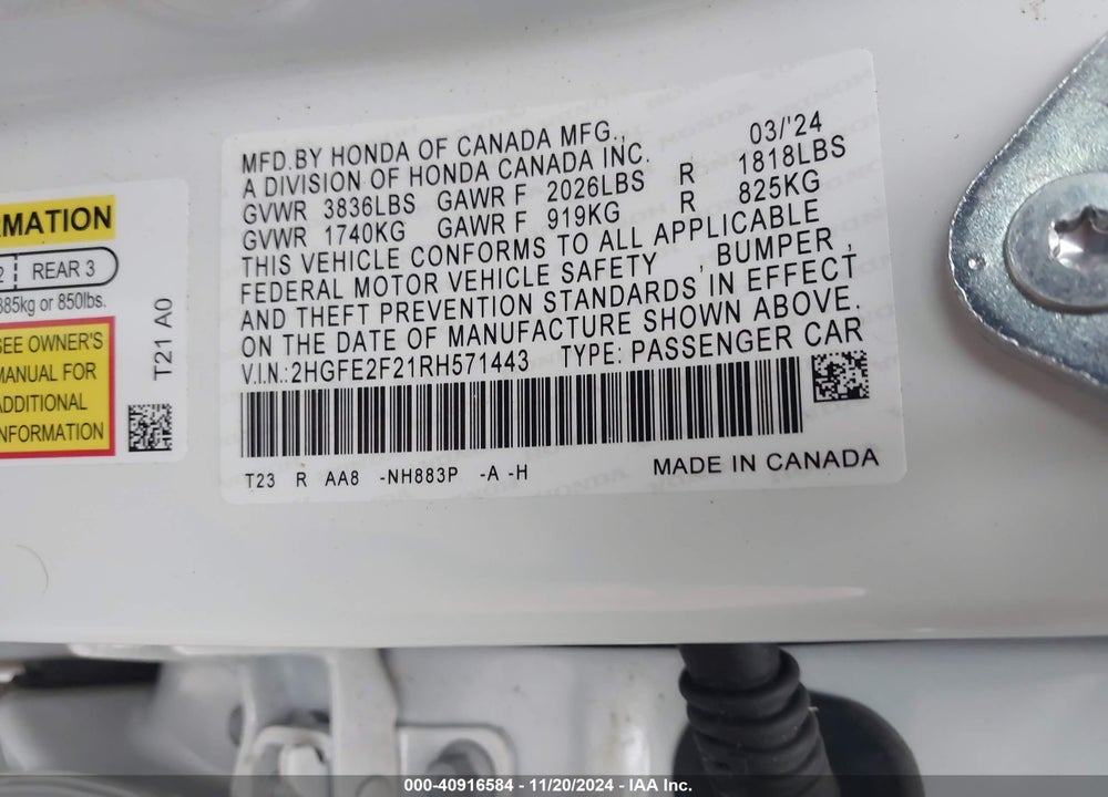 2024 HONDA CIVIC LX VIN: 2HGFE2F21RH571443