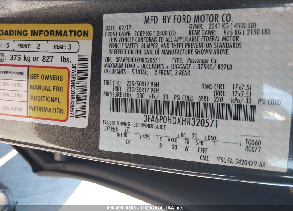 2017 FORD FUSION SE VIN: 3FA6P0HDXHR320571