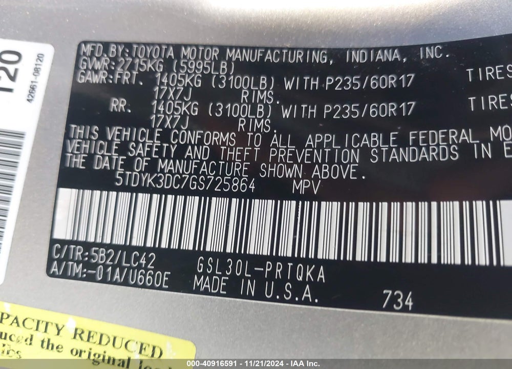 2016 TOYOTA SIENNA XLE PREMIUM 8 PASSENGER VIN: 5TDYK3DC7GS725864