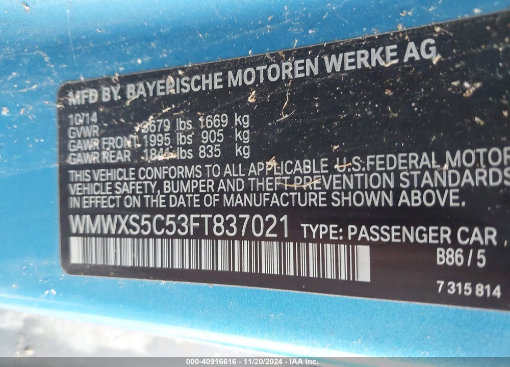 2015 MINI HARDTOP COOPER VIN: WMWXS5C53FT837021