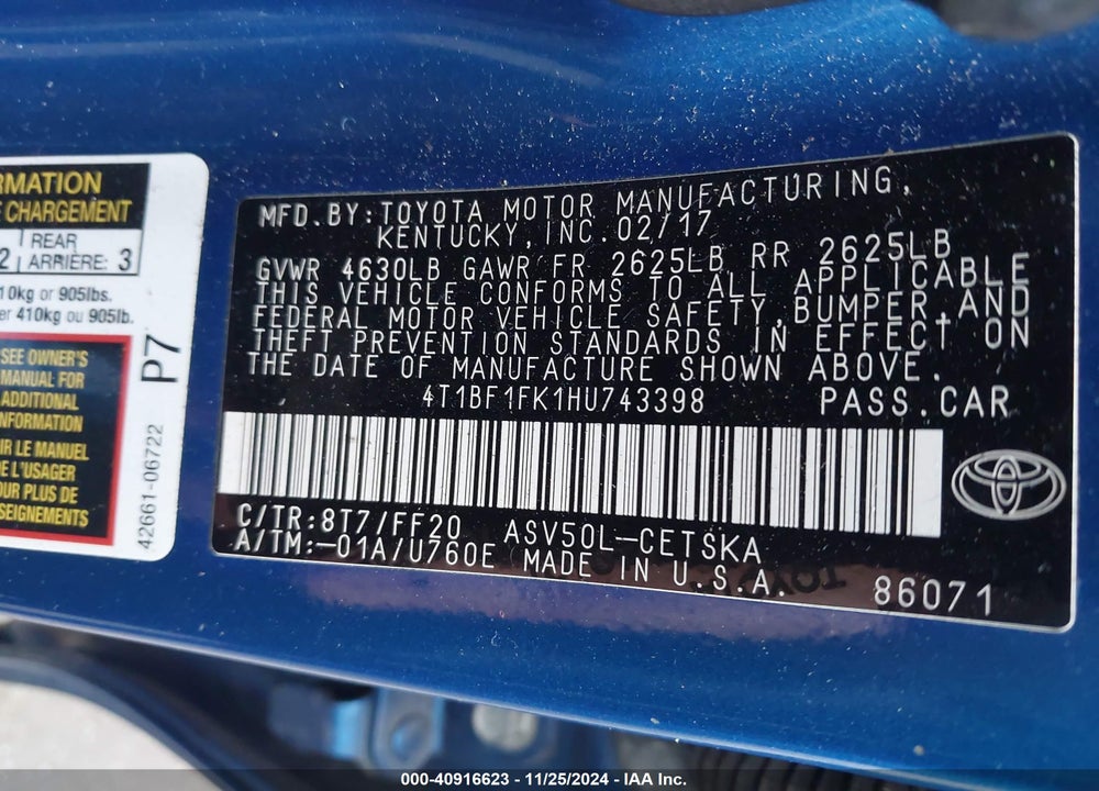 2017 TOYOTA CAMRY SE VIN: 4T1BF1FK1HU743398