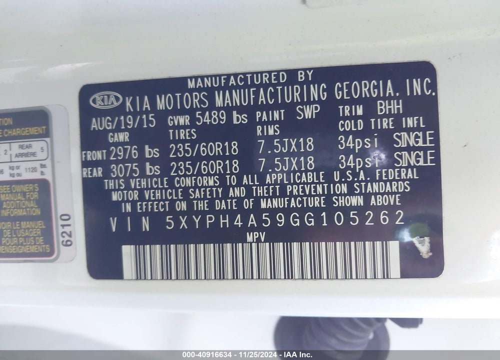 2016 KIA SORENTO 3.3L EX VIN: 5XYPH4A59GG105262