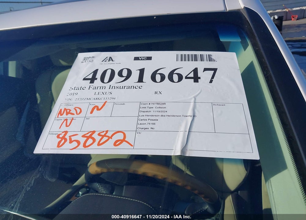 2019 LEXUS RX 350 VIN: 2T2ZZMCA8KC133294