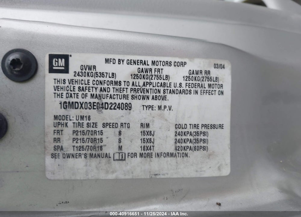 2004 PONTIAC MONTANA M16 W/1SA PKG. VIN: 1GMDX03E04D224089