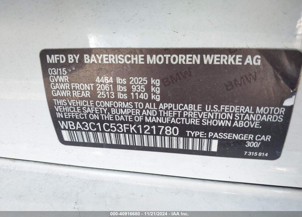 2015 BMW 328I VIN: WBA3C1C53FK121780