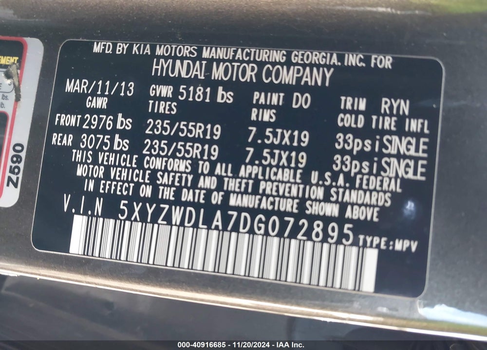 2013 HYUNDAI SANTA FE SPORT 2.0T VIN: 5XYZWDLA7DG072895