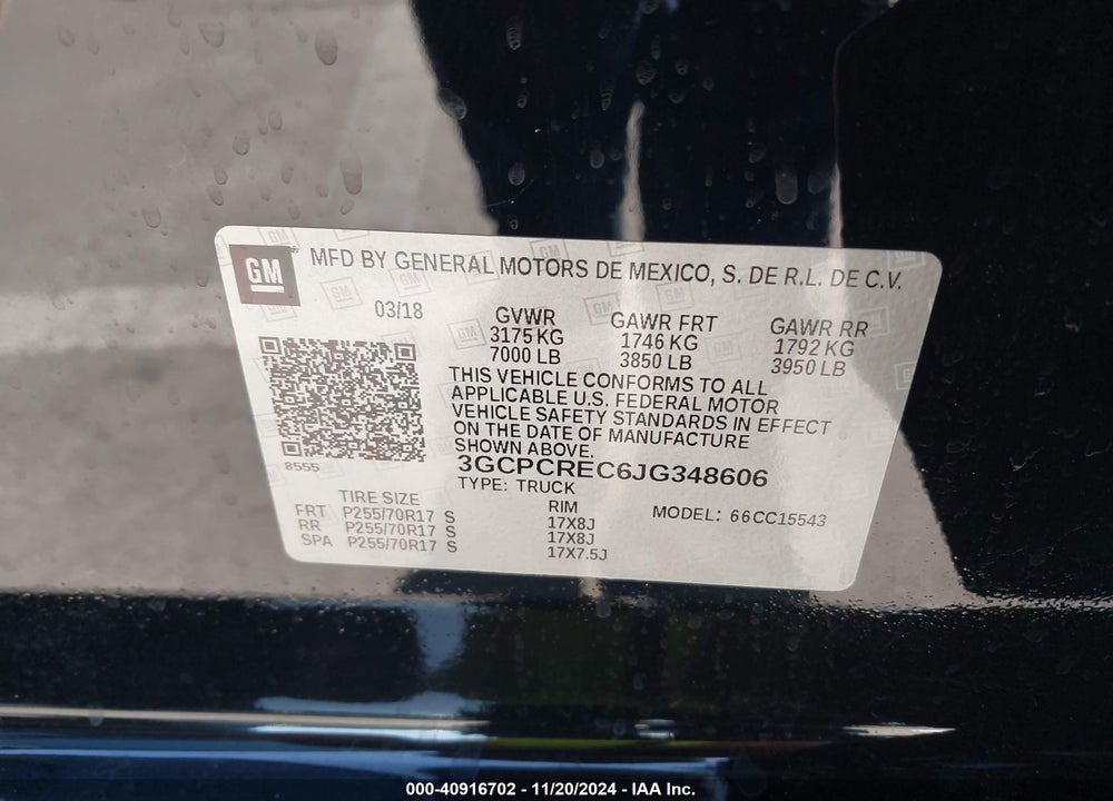 2018 CHEVROLET SILVERADO 1500 1LT VIN: 3GCPCREC6JG348606