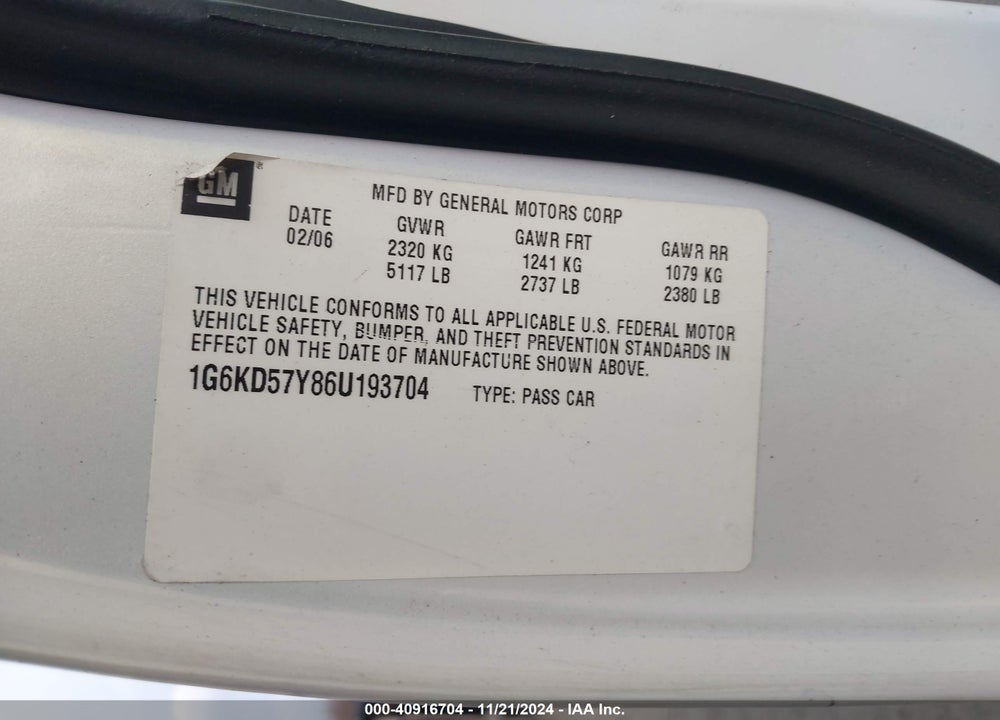 2006 CADILLAC DTS VIN: 1G6KD57Y86U193704