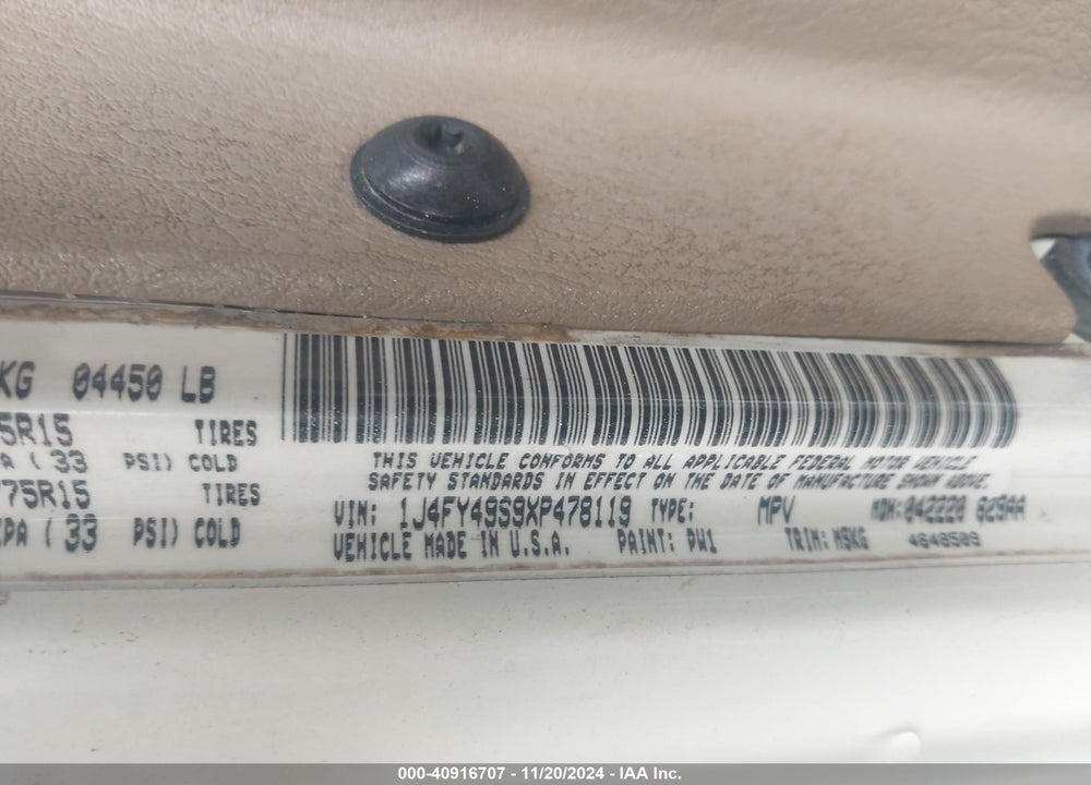 1999 JEEP WRANGLER SAHARA VIN: 1J4FY49S9XP478119