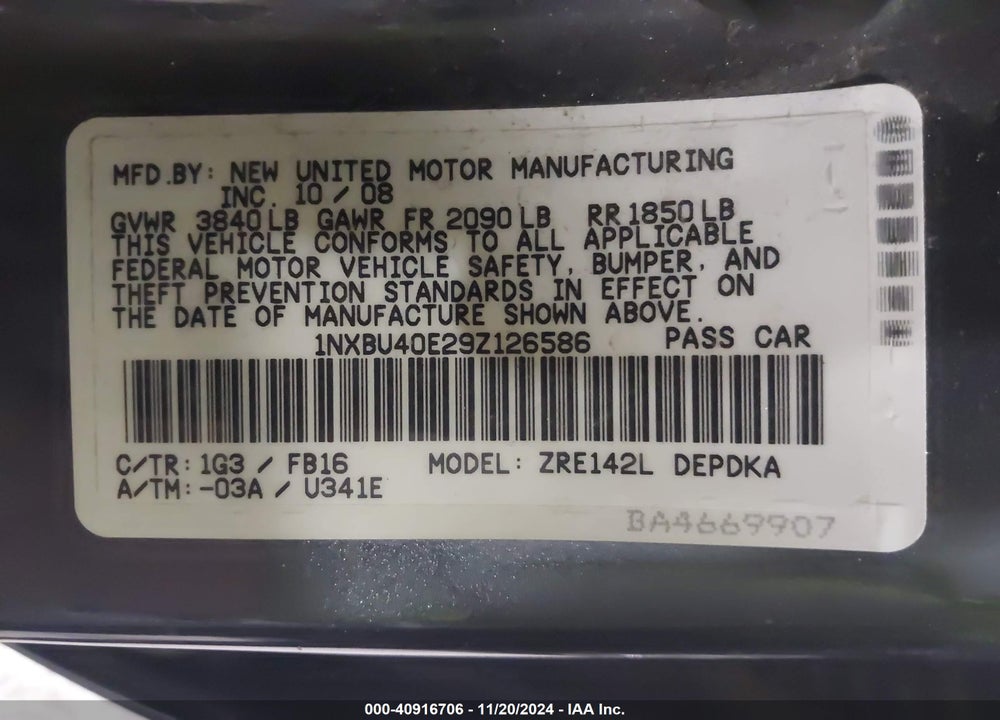 2009 TOYOTA COROLLA LE VIN: 1NXBU40E29Z126586