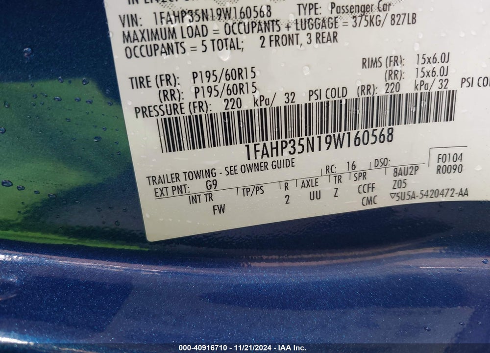 2009 FORD FOCUS SE VIN: 1FAHP35N19W160568