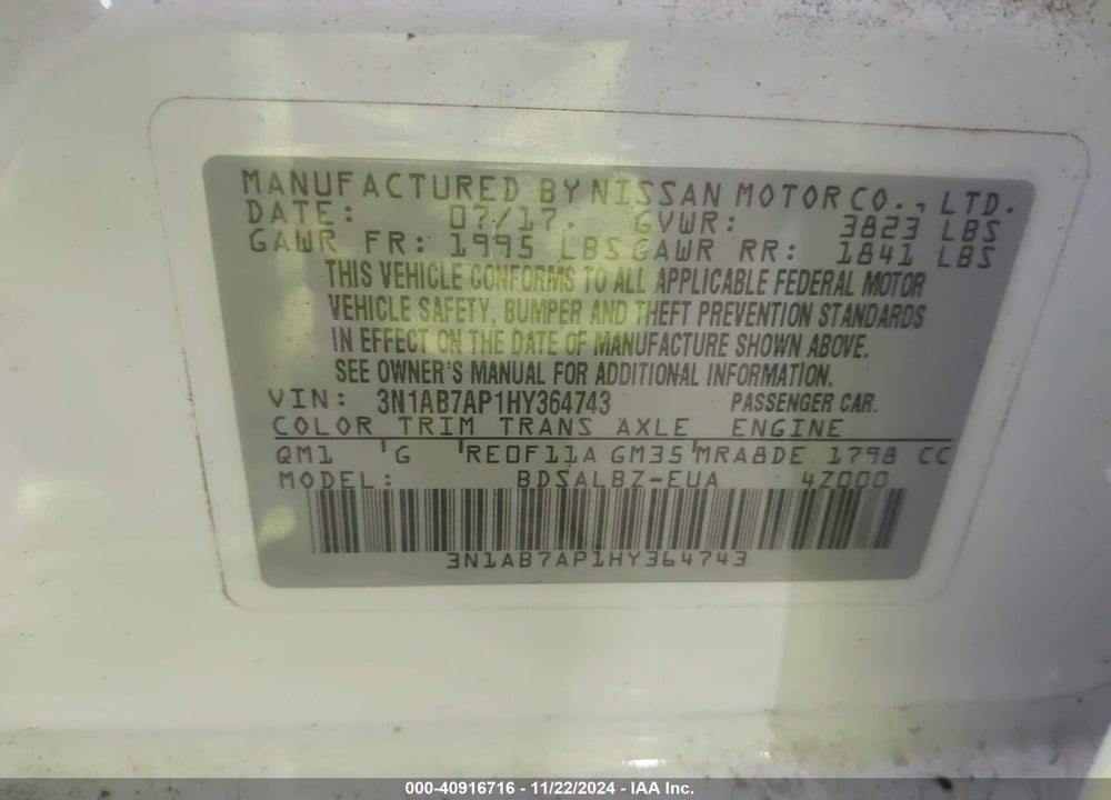 2017 NISSAN SENTRA S VIN: 3N1AB7AP1HY364743