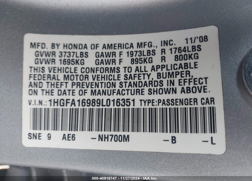 2009 HONDA CIVIC EX-L VIN: 1HGFA16989L016351