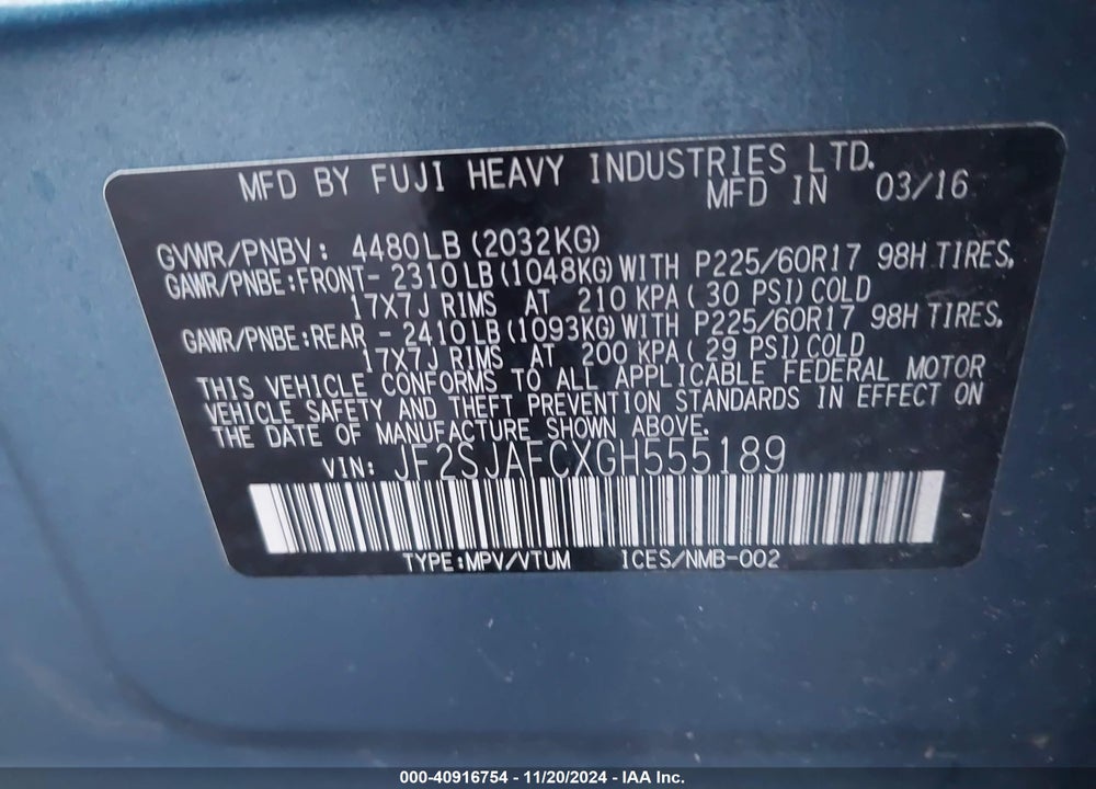 2016 SUBARU FORESTER 2.5I PREMIUM VIN: JF2SJAFCXGH555189