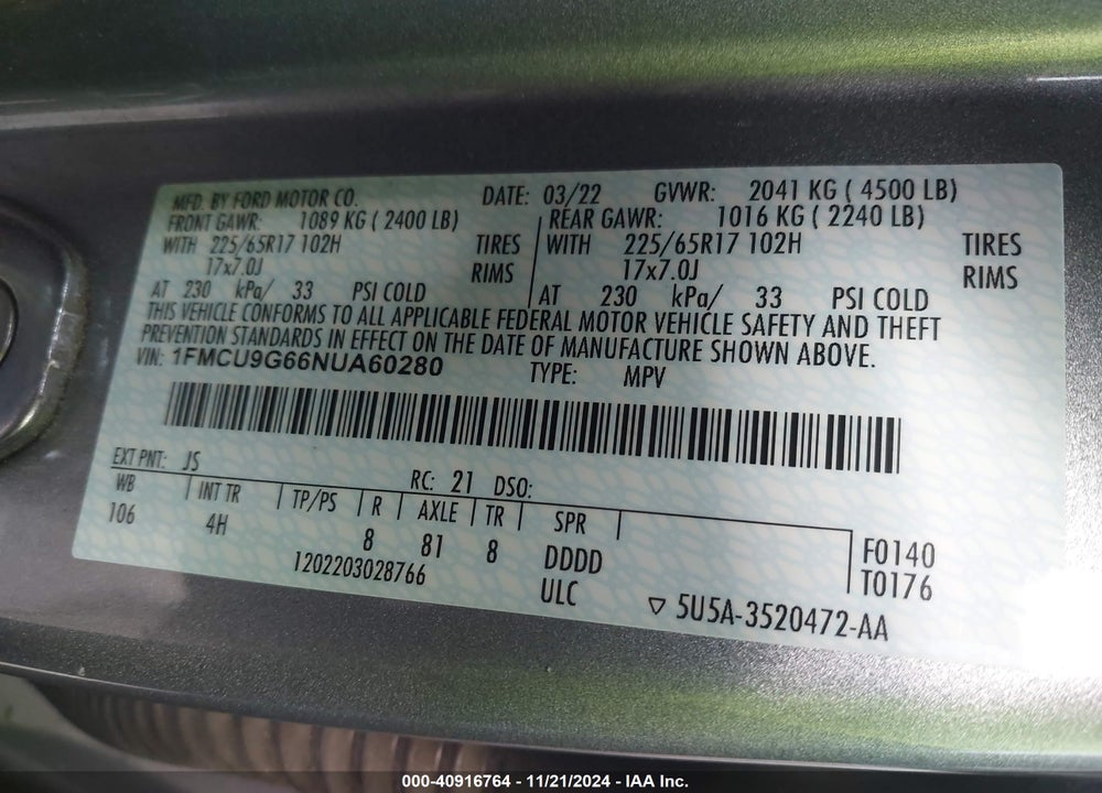 2022 FORD ESCAPE SE VIN: 1FMCU9G66NUA60280