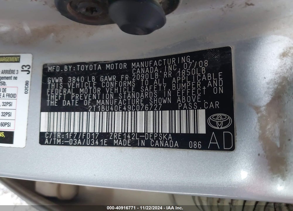 2009 TOYOTA COROLLA S VIN: 2T1BU40E49C076727