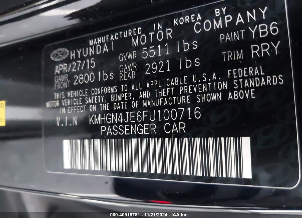 2015 HYUNDAI GENESIS 3.8 VIN: KMHGN4JE6FU100716