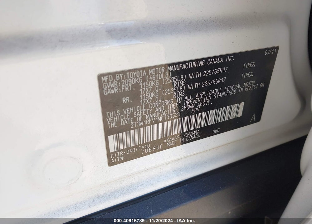 2021 TOYOTA RAV4 XLE VIN: 2T3W1RFV1MC130533