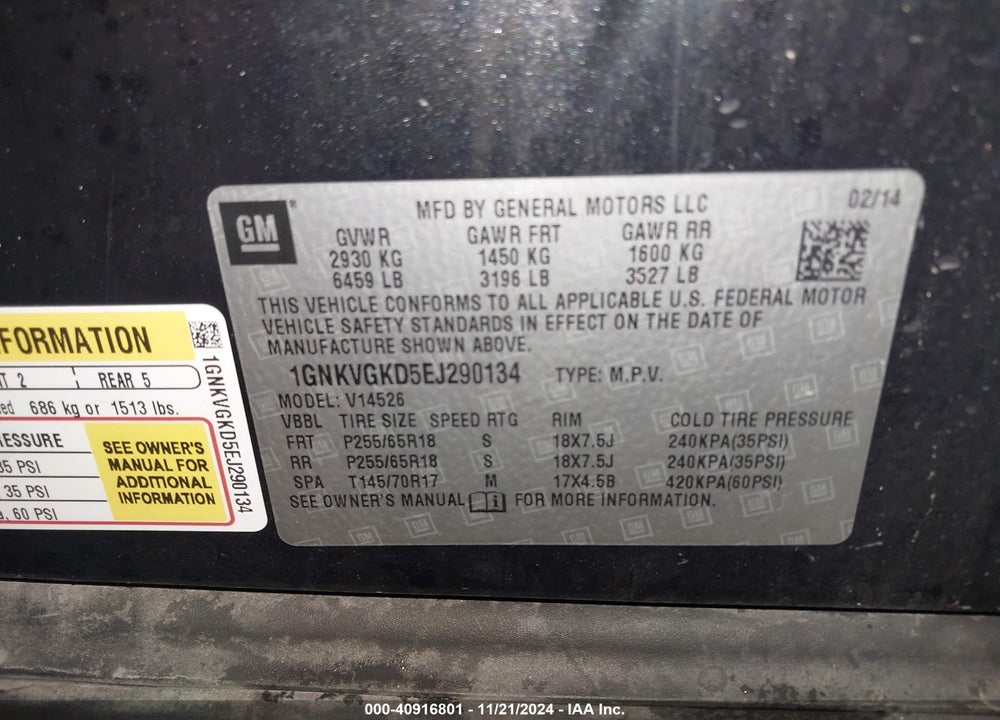 2014 CHEVROLET TRAVERSE 1LT VIN: 1GNKVGKD5EJ290134