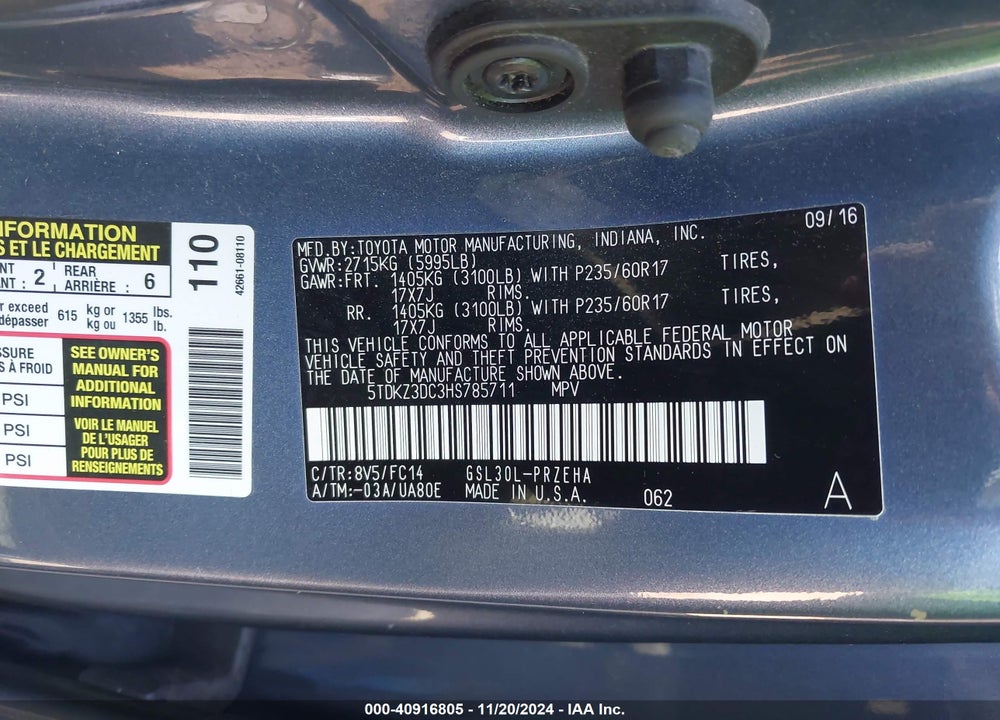 2017 TOYOTA SIENNA LE 8 PASSENGER VIN: 5TDKZ3DC3HS785711