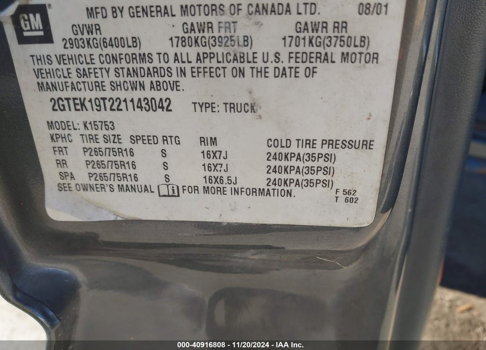 2002 GMC SIERRA 1500 SLE VIN: 2GTEK19T221143042