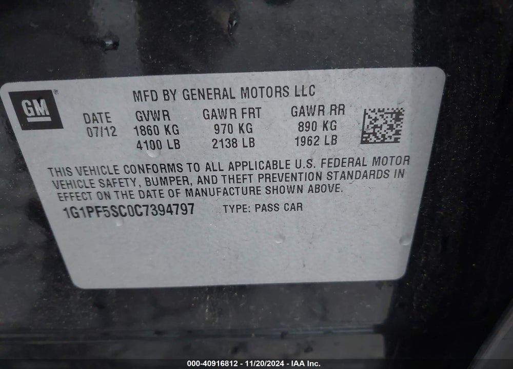 2012 CHEVROLET CRUZE 1LT VIN: 1G1PF5SC0C7394797