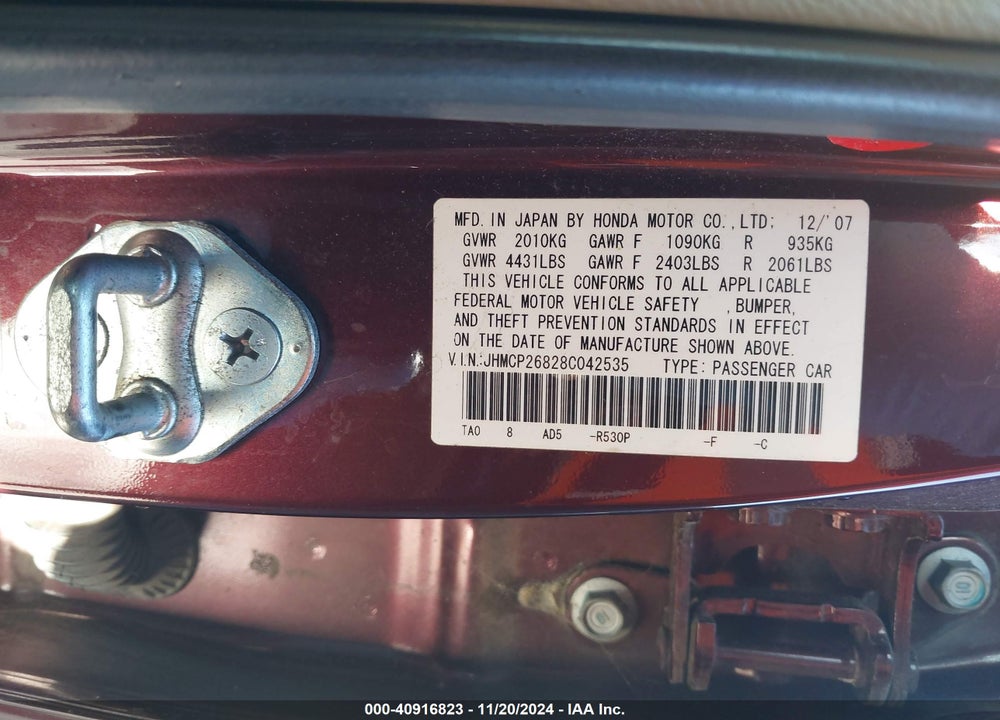 2008 HONDA ACCORD 2.4 EX-L VIN: JHMCP26828C042535