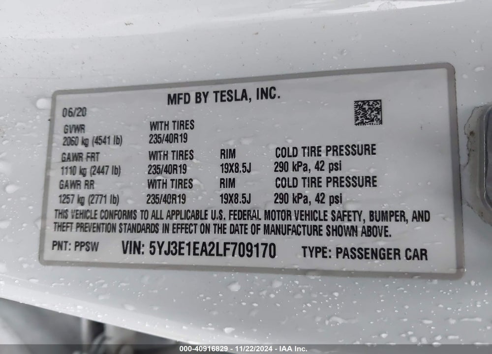 2020 TESLA MODEL 3 STANDARD RANGE PLUS REAR-WHEEL DRIVE/STANDARD RANGE REAR-WHEEL DRIVE VIN: 5YJ3E1EA2LF709170
