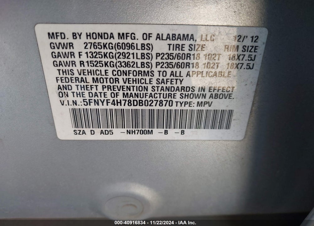 2013 HONDA PILOT EX-L VIN: 5FNYF4H78DB027870