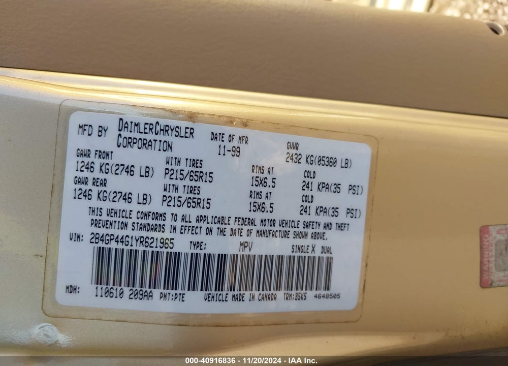2000 DODGE GRAND CARAVAN SE VIN: 2B4GP44G1YR621965