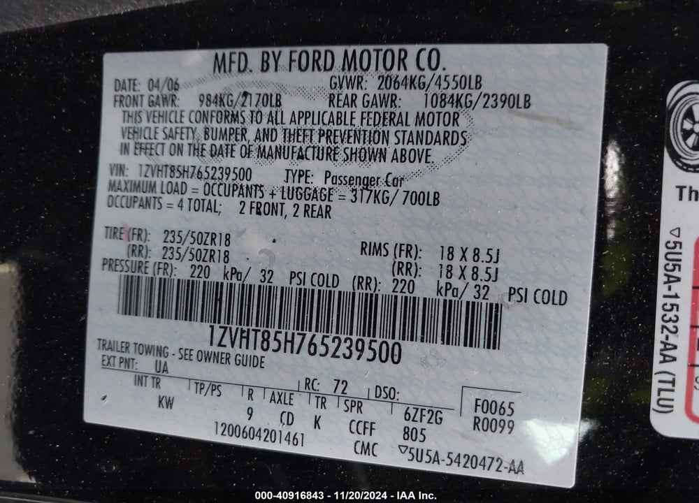 2006 FORD MUSTANG GT VIN: 1ZVHT85H765239500