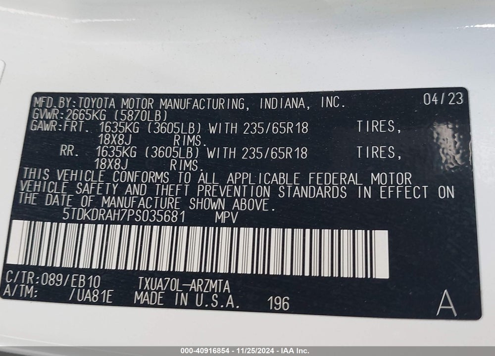 2023 TOYOTA HIGHLANDER XLE VIN: 5TDKDRAH7PS035681