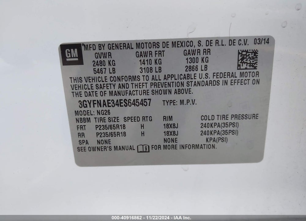 2014 CADILLAC SRX STANDARD VIN: 3GYFNAE34ES645457
