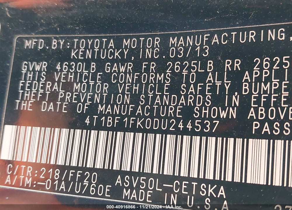 2013 TOYOTA CAMRY SE VIN: 4T1BF1FK0DU244537