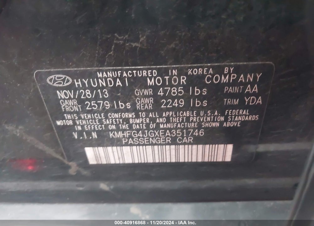 2014 HYUNDAI AZERA VIN: KMHFG4JGXEA351746